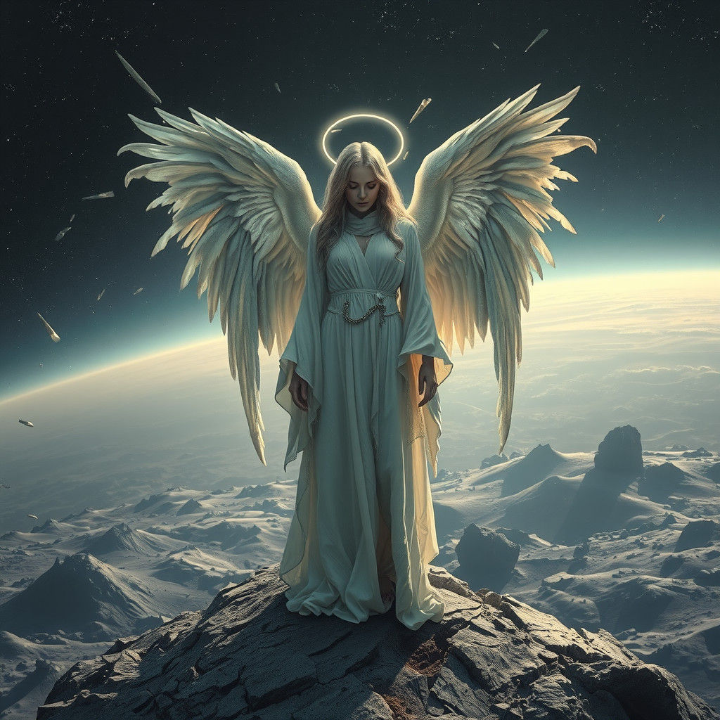 Sorrowful Angel with Broken Halo in Dystopian Space
