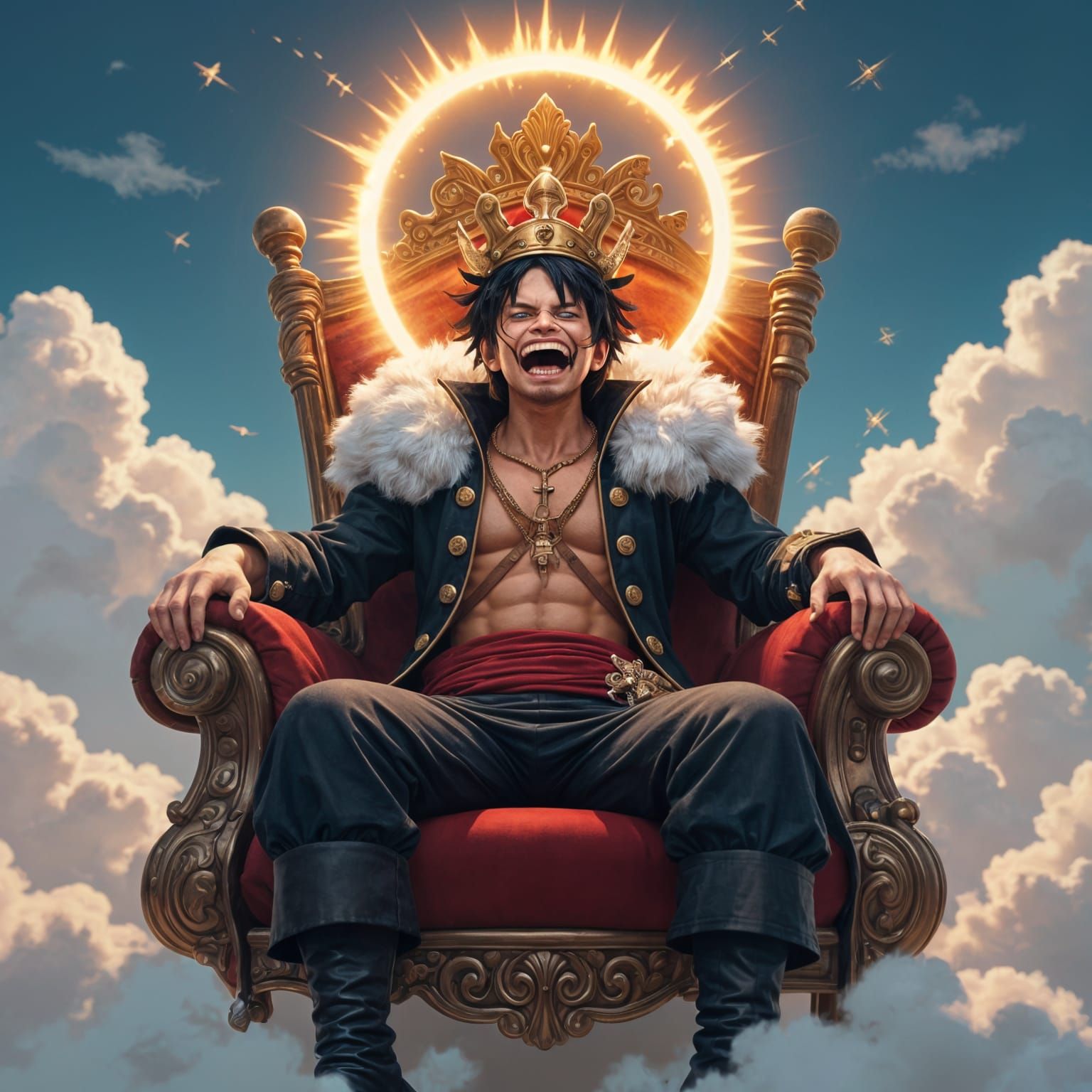 Pirate King Laughing on Throne in Anime Style