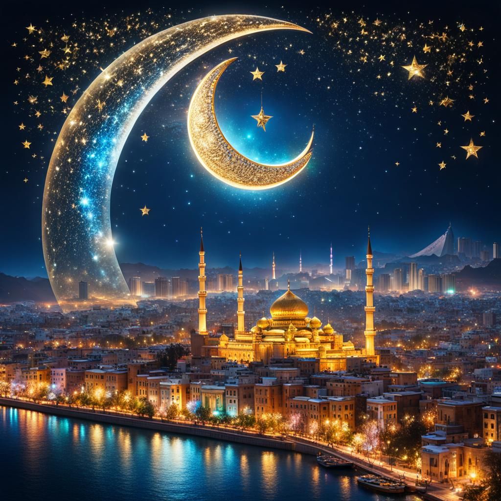 Glass Crescent Moon Over Persian City