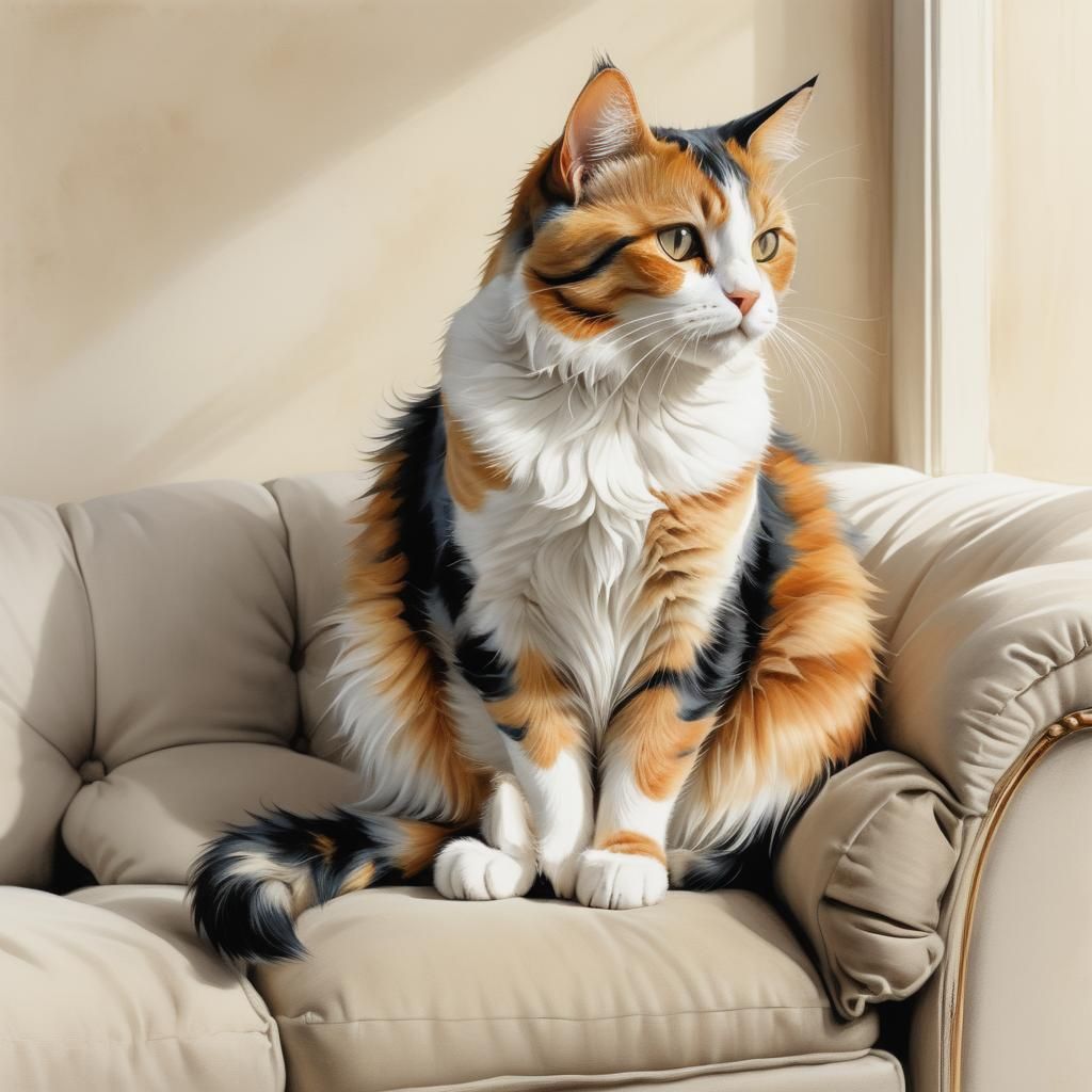 Calico Cat on Sofa: Detailed Anime Pencil Drawing