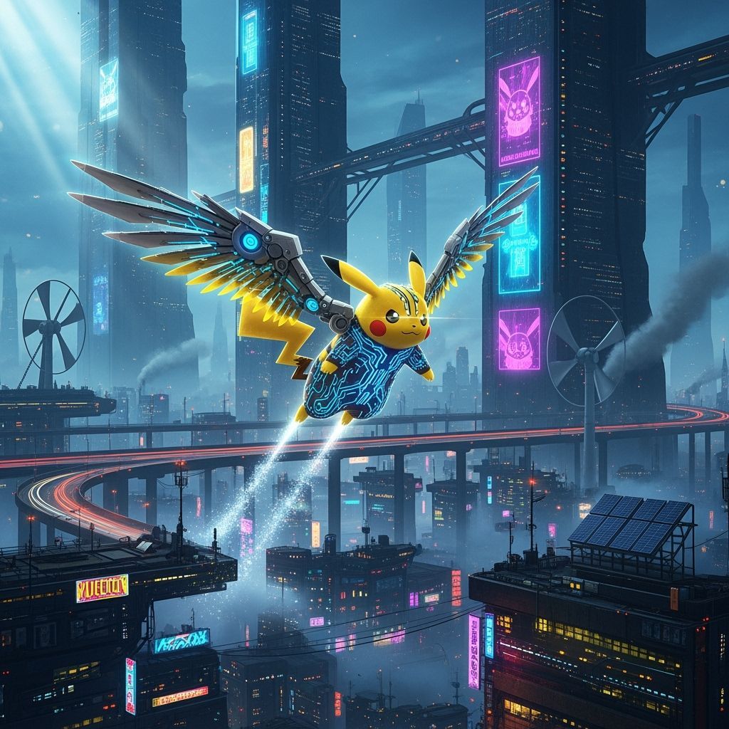 Majestic Techachu Soaring Through Cyberpunk Cityscape