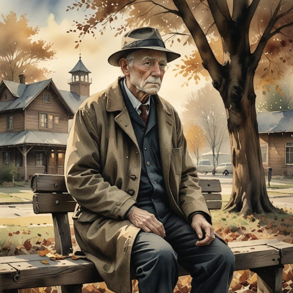 Nostalgic Autumn Evening Scene of a Lonely Old Man