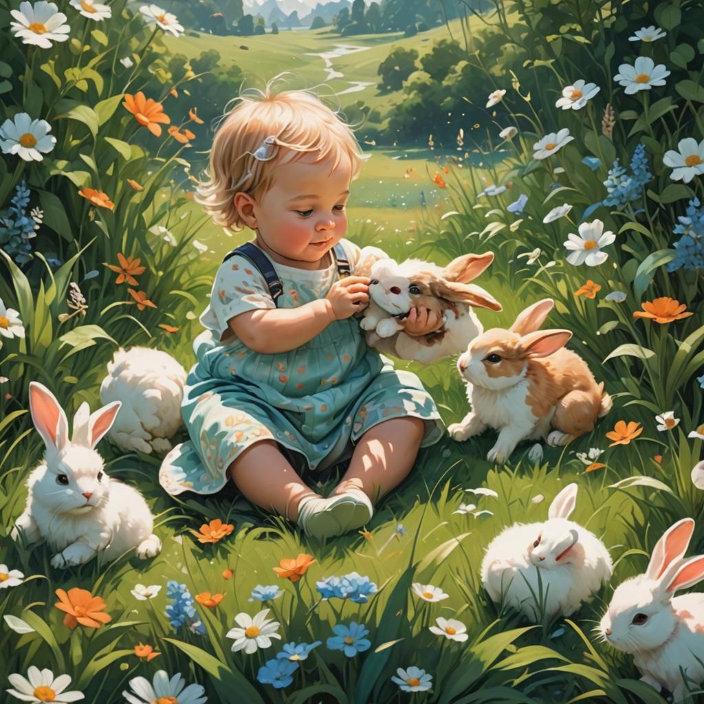 Baby with Puppy and Bunny in Dreamlike Meadow
