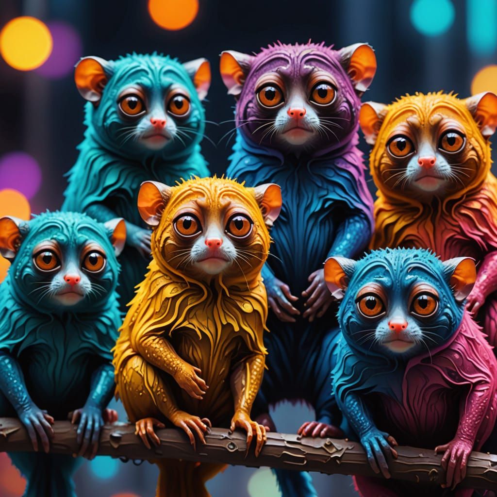 Surreal Cityscape with Tarsiers in Vibrant Abstraction