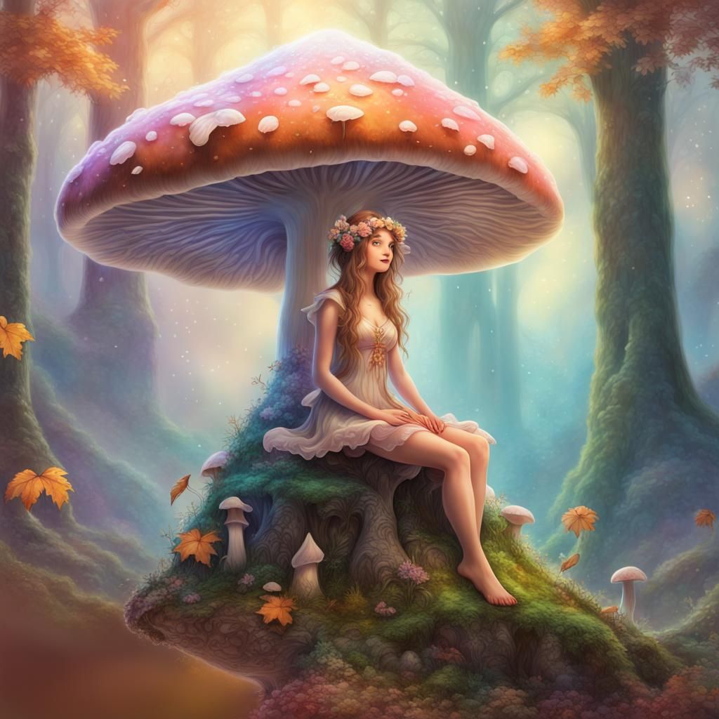 Fairy on Mushroom in Autumn Forest
