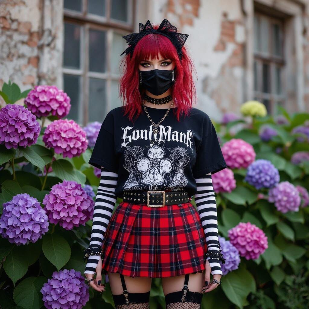Goth Punk Woman with Red Hair by Hydrangeas