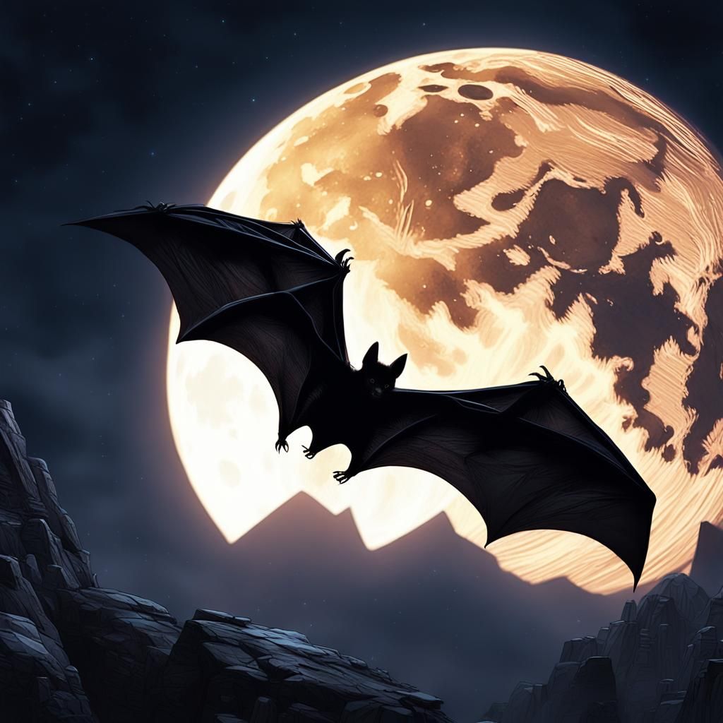 Dramatic Bat Soaring Before Full Moon, Digital Matte Paintin...