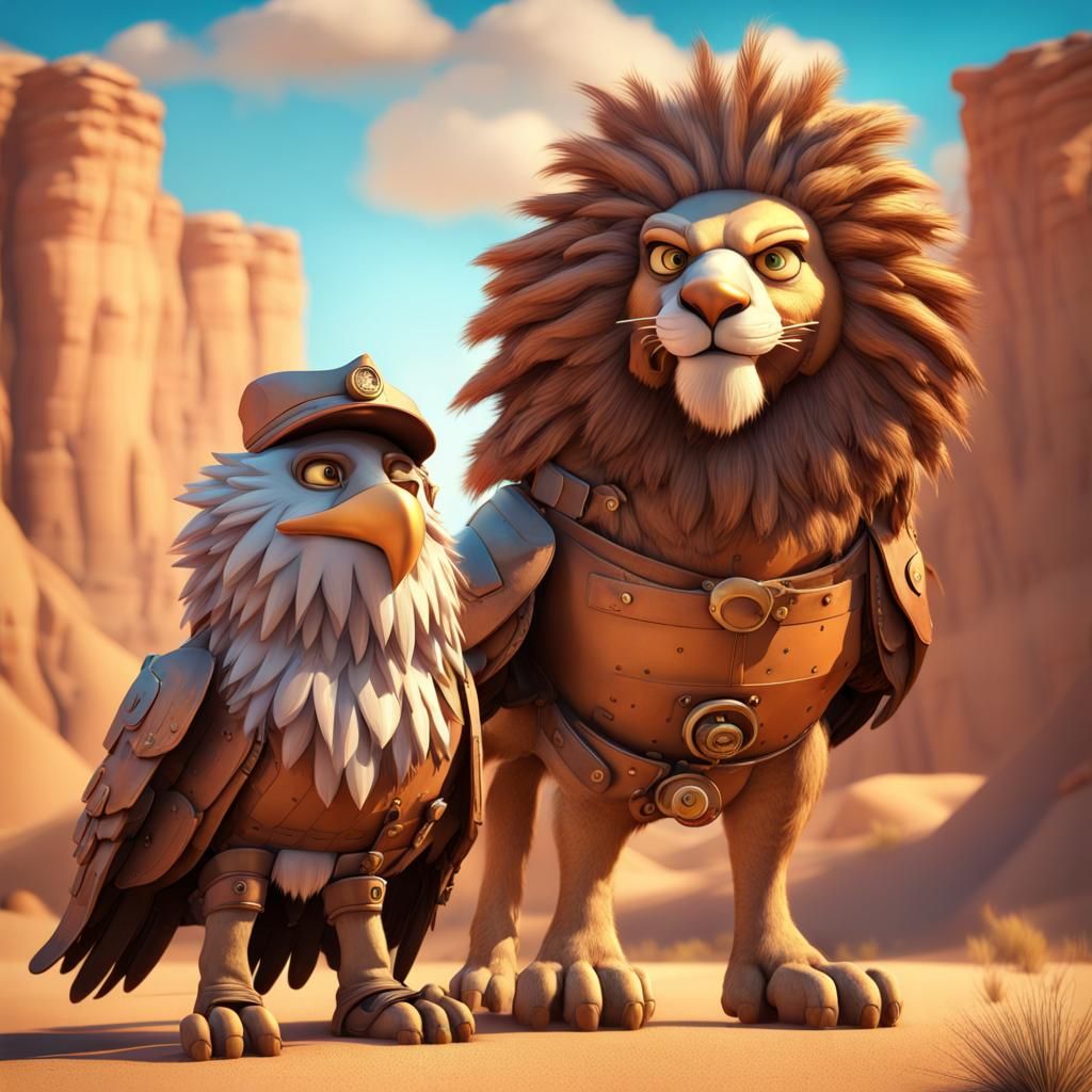 Steampunk Lion and Eagle in Desert, Pixar Style