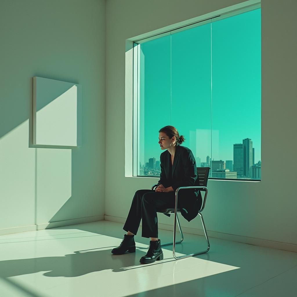 Anxious Figure in Modern Waiting Room