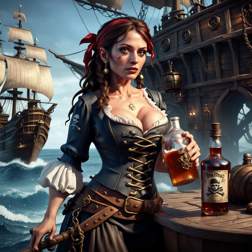 Pirate Wench with Pirate Ship Rum Bottle