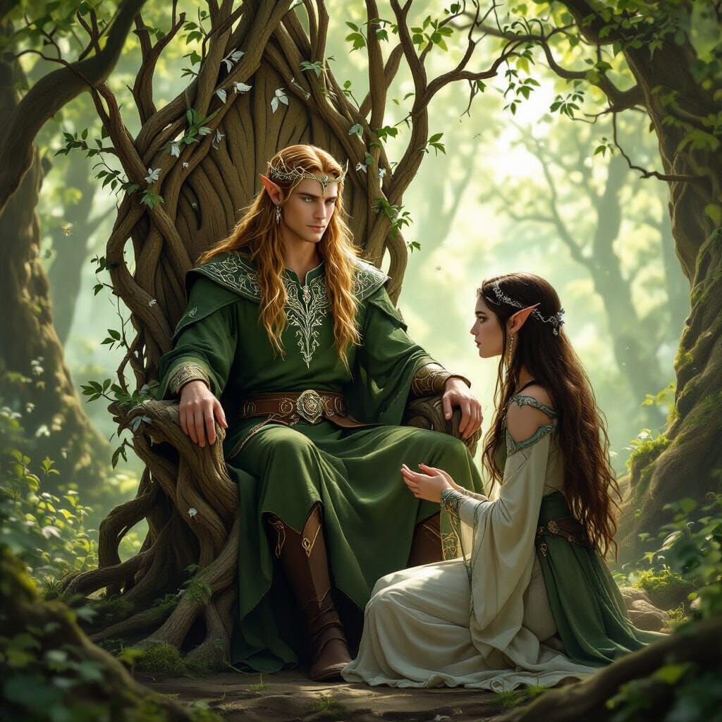 Youthful Elven King and Queen on Regal Throne