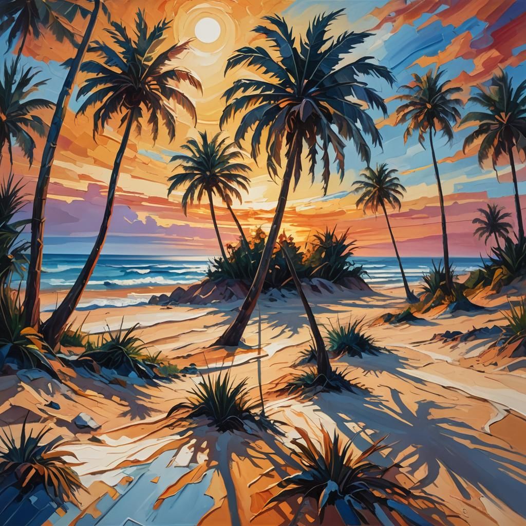 Surreal Alien Sunset with Palm Trees