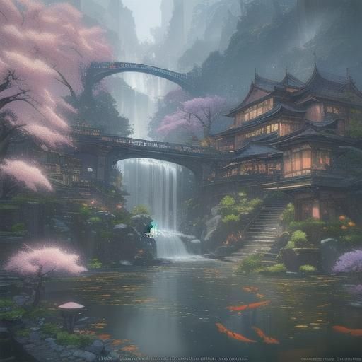 Fantastical Urban Cityscape with Waterfalls and Ponds