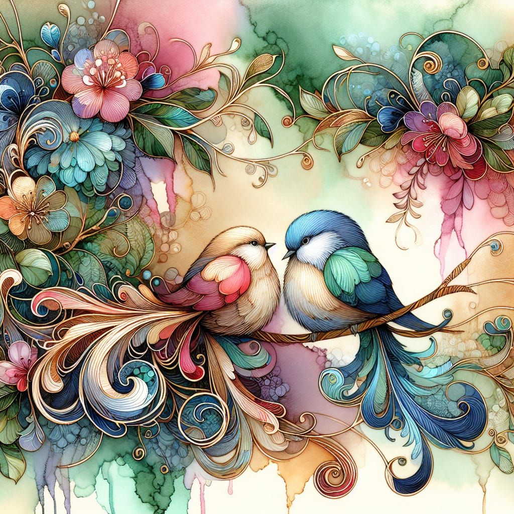 Birds in Sunny Garden: Alcohol Ink Illustration