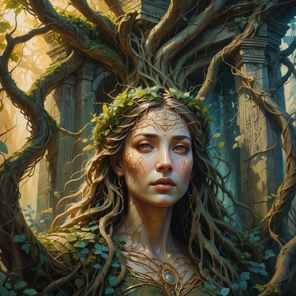 Trapped Goddess in Ancient Temple: Surreal Oil Painting