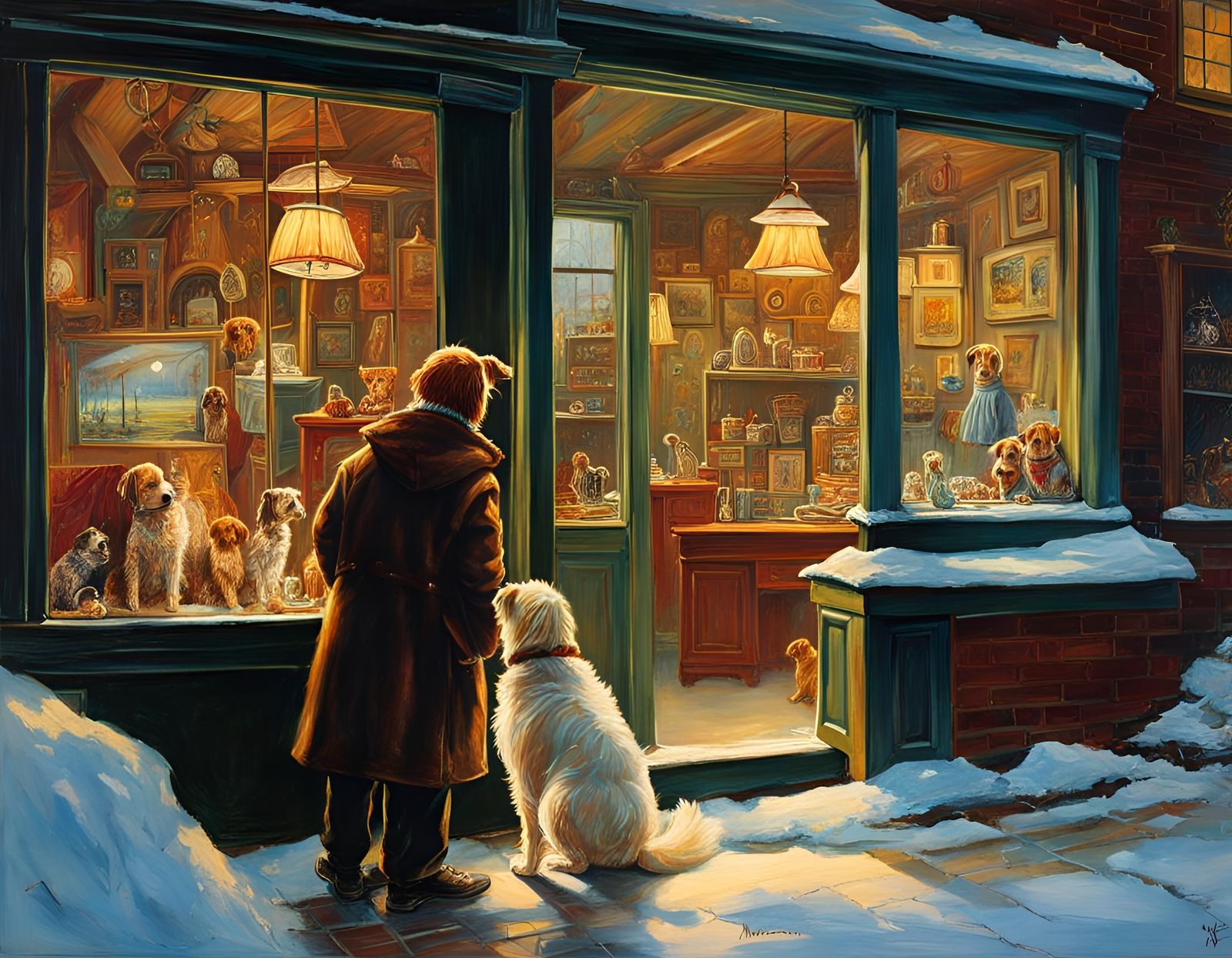 Dog Looking into Pet Shop Window, Oil Painting