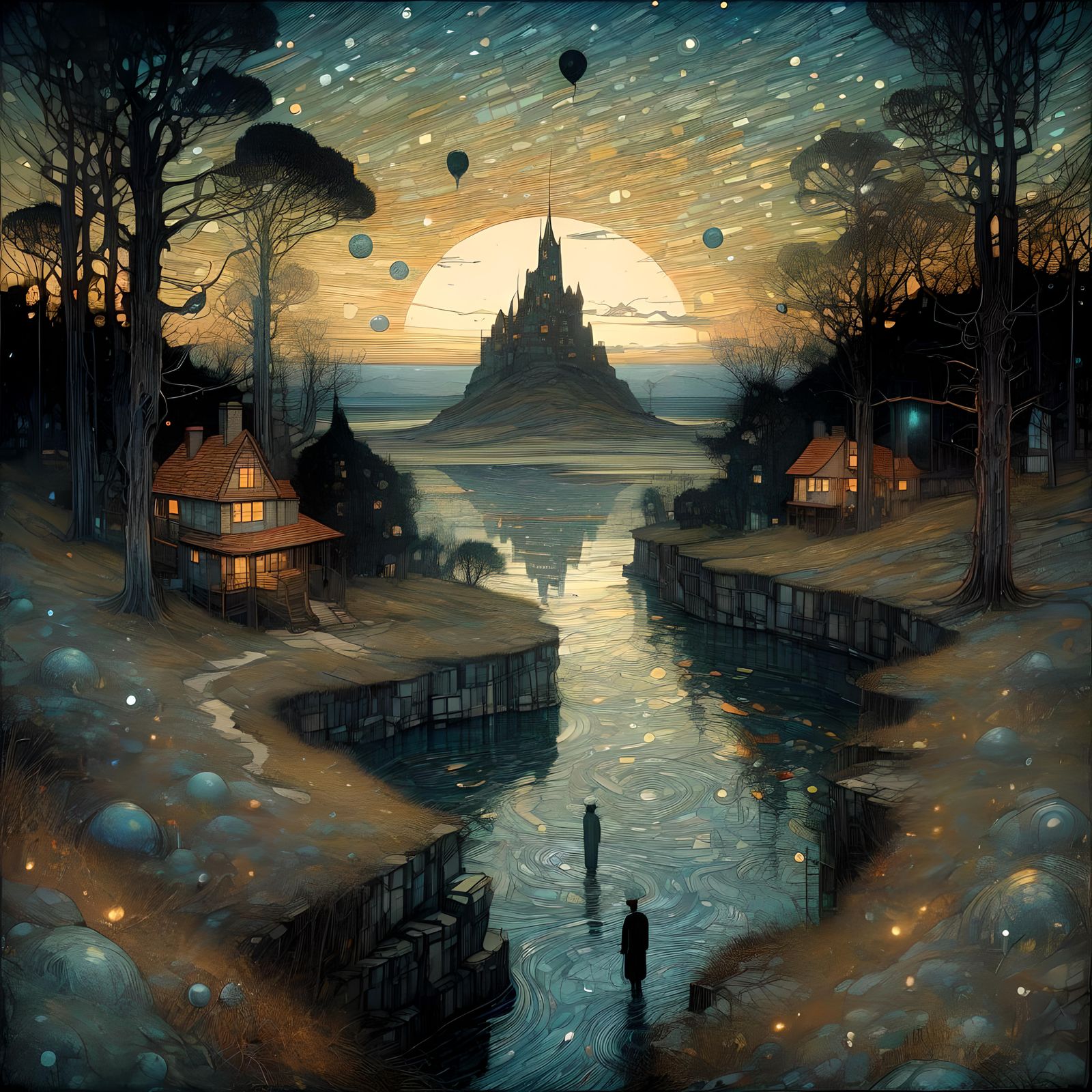 Surreal cubist dreamscape, strange fantasy world, arthur rackham, james Eads