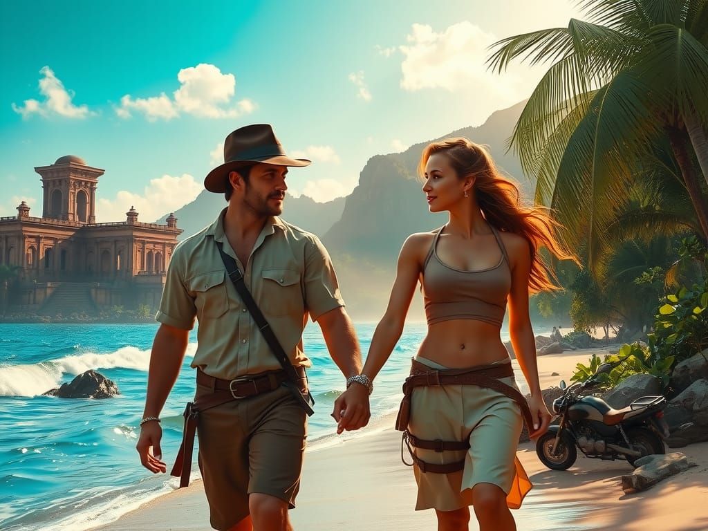 Adventurers on Tropical Beach in Romantic Golden Light
