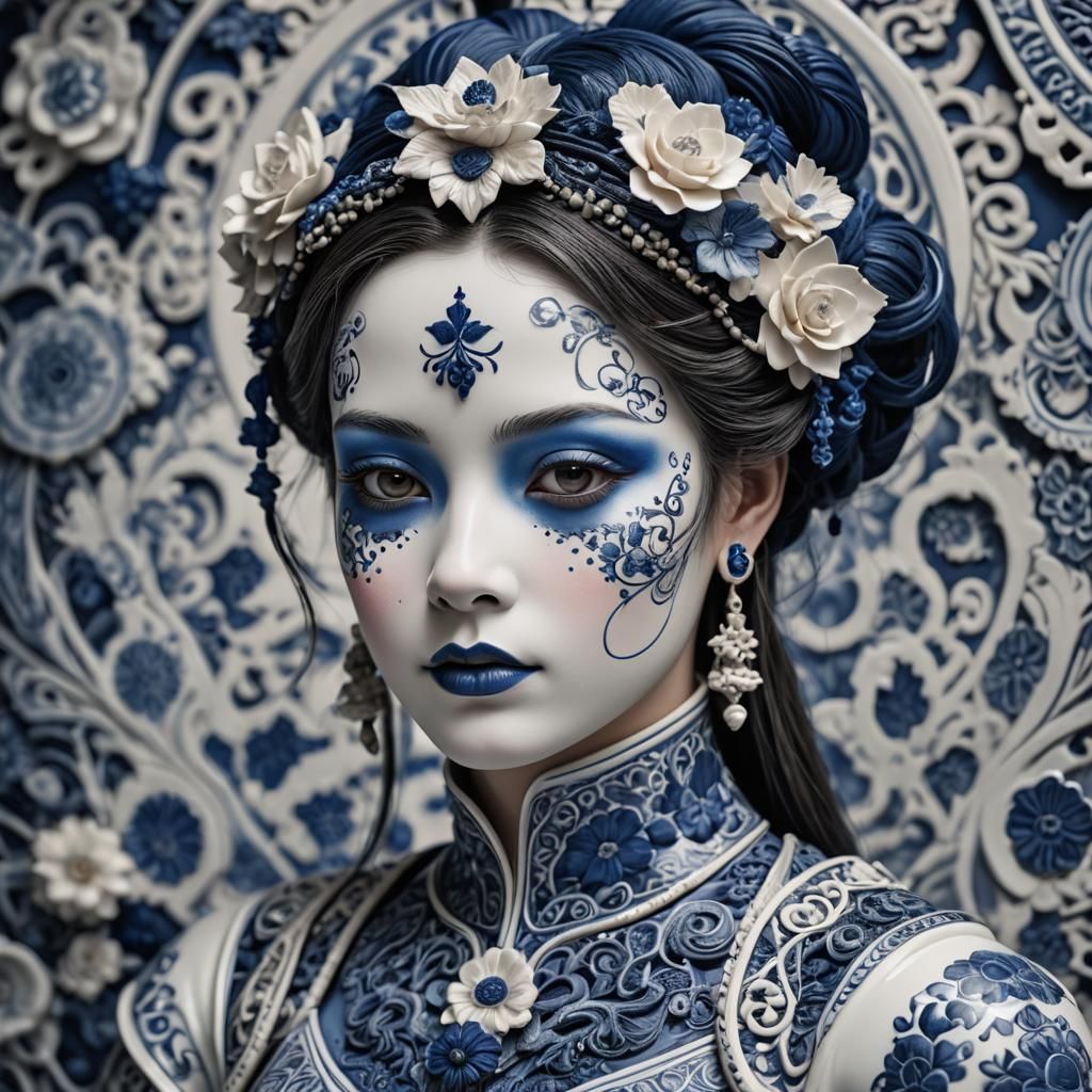 Hyperrealistic Porcelain Girl with Indigo Decorations