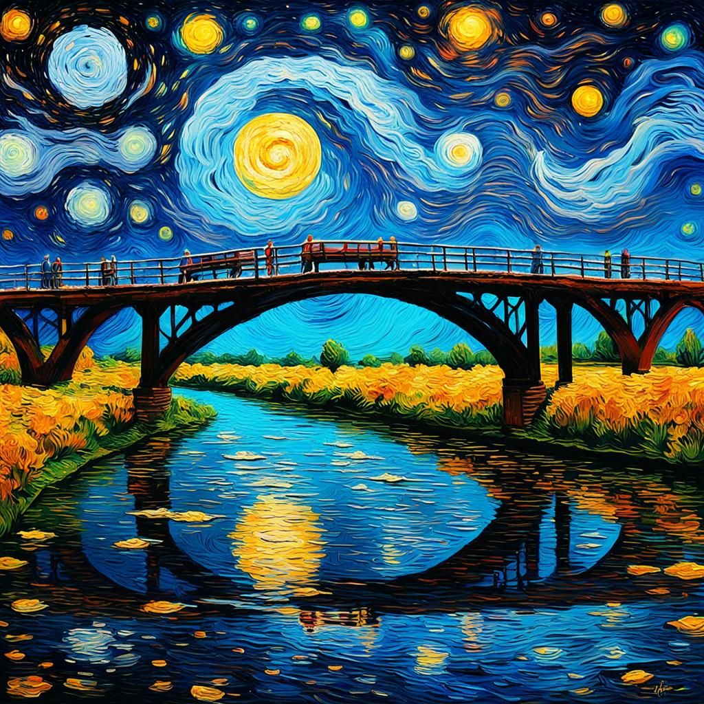 Impasto Painting, a bridge over river, remember Vincent van Gogh painting style dramatically record the action of painti...