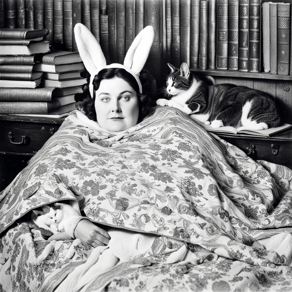 Vintage Photo of Woman with Cats and Bunny Mask