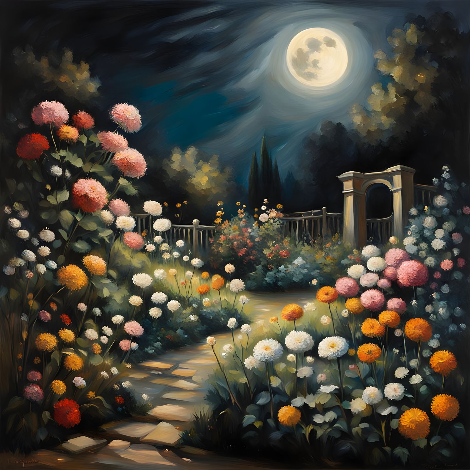 Moonlit Garden in Rembrandt Style Oil Painting
