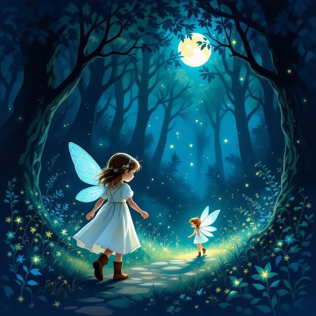 Girl and Fairy in Enchanted Forest at Midnight