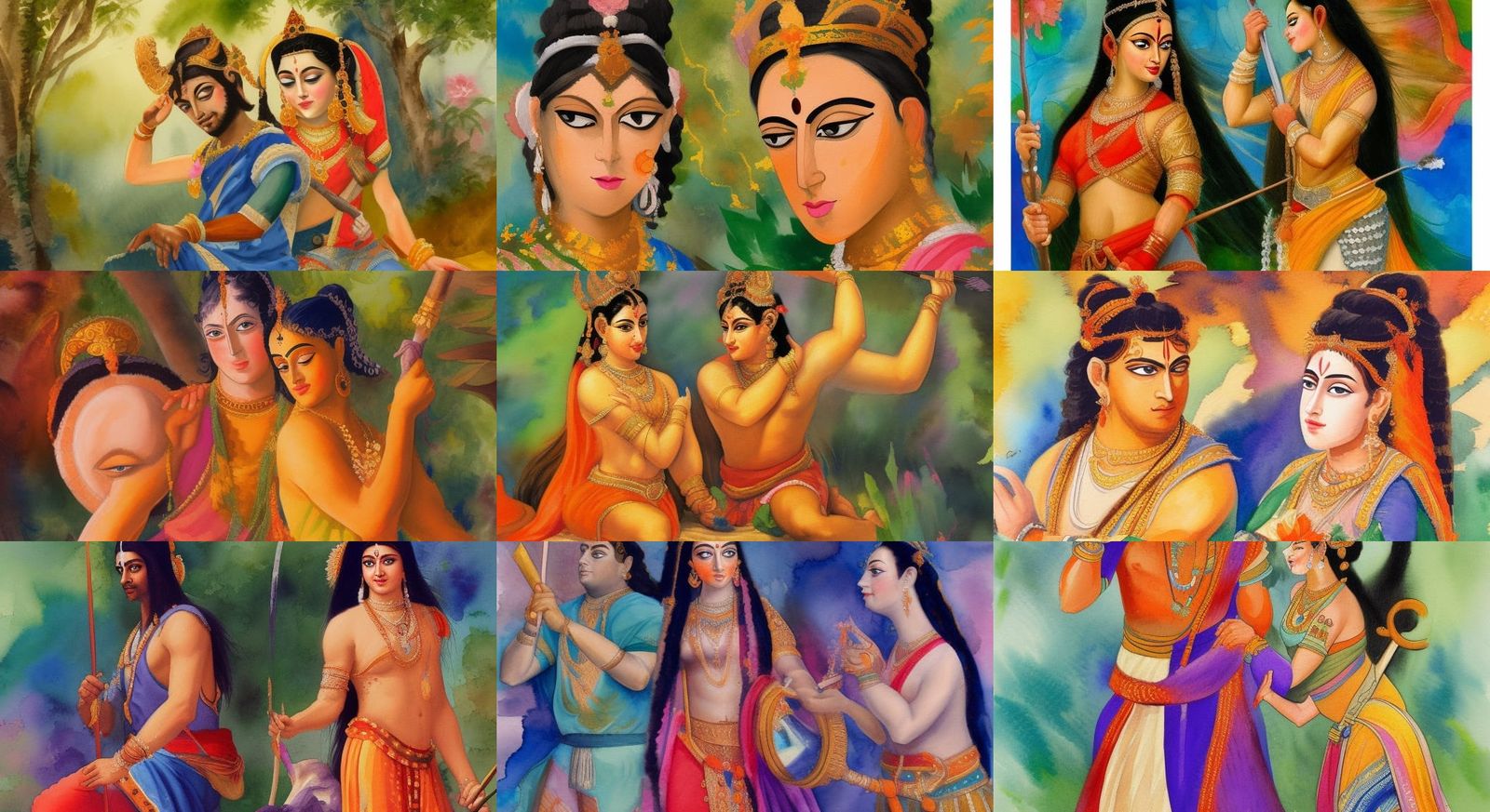Sita and Rama in Gouache Watercolor Style