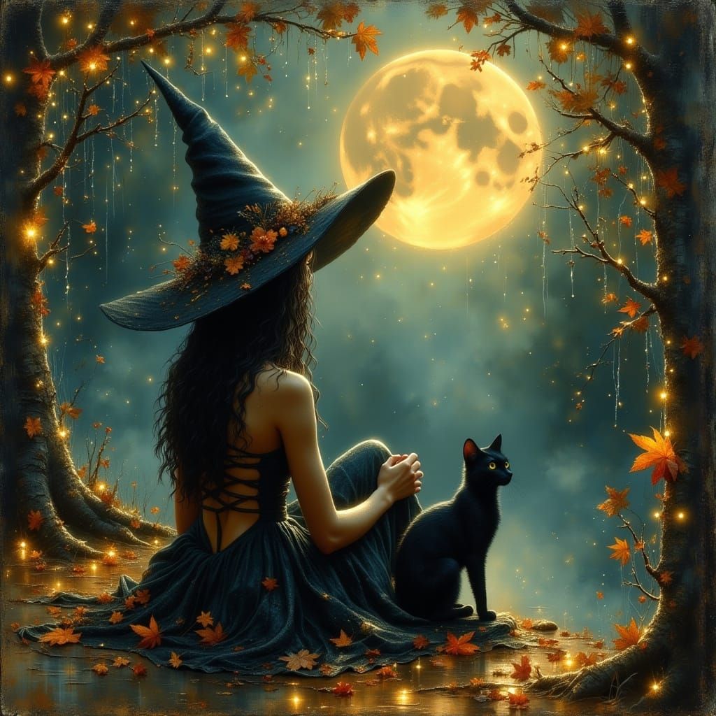 Enchanting Autumnal Night Painting of Witch and Cat