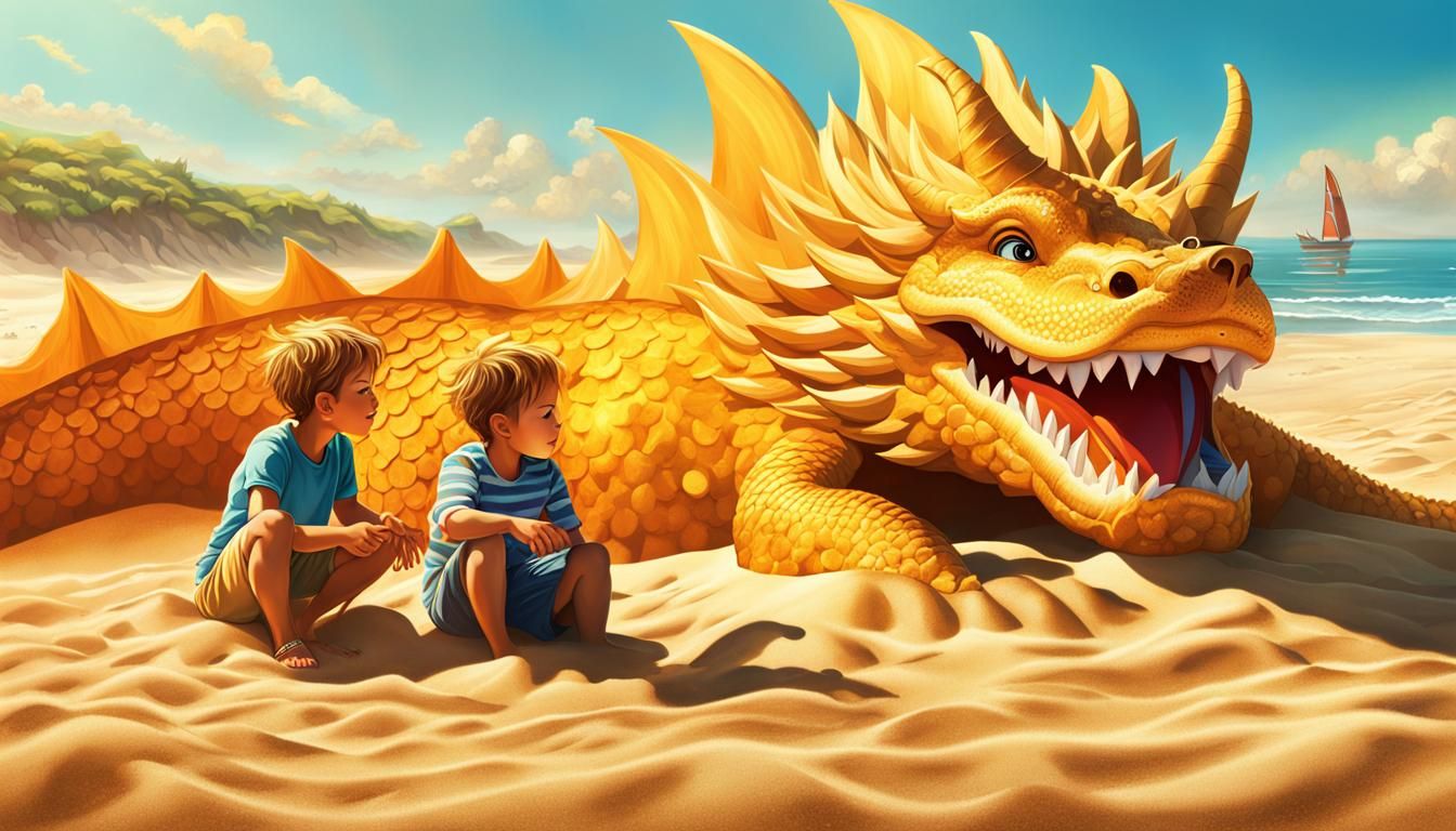 Boys Build Sand Dragon: Storybook Illustration