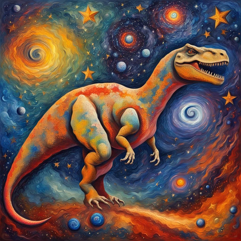 Starikosaurus Roaming Cosmos: Impasto Oil Painting