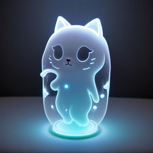 Bioluminescent Chibi Ghost Cat with Bokeh Effect