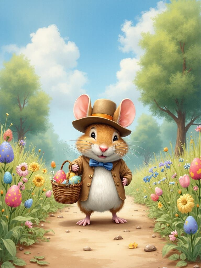 Whimsical Mouse in Easter Bonnet Walking on Winding Road