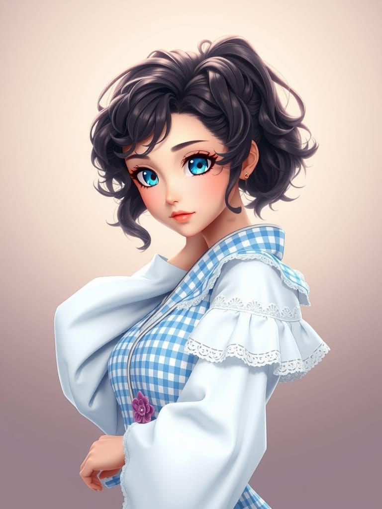 Ethereal Anime Portrait in Gingham Pattern