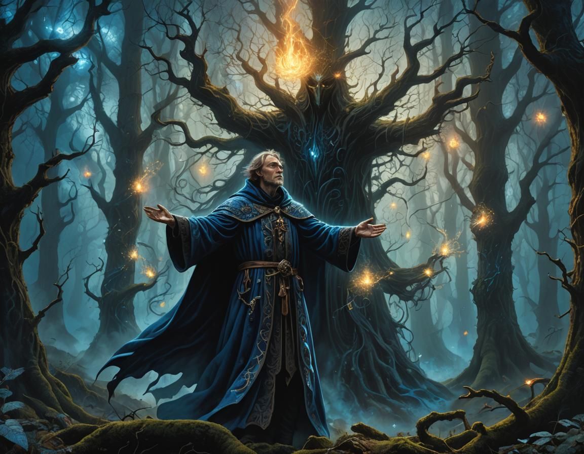 Mage Casting Spell in Dark Fantasy Art