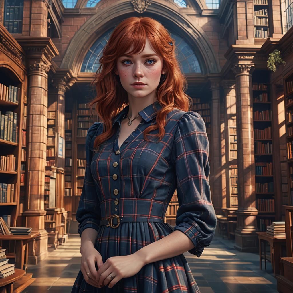 Red-Haired Woman in Library: Matte Painting