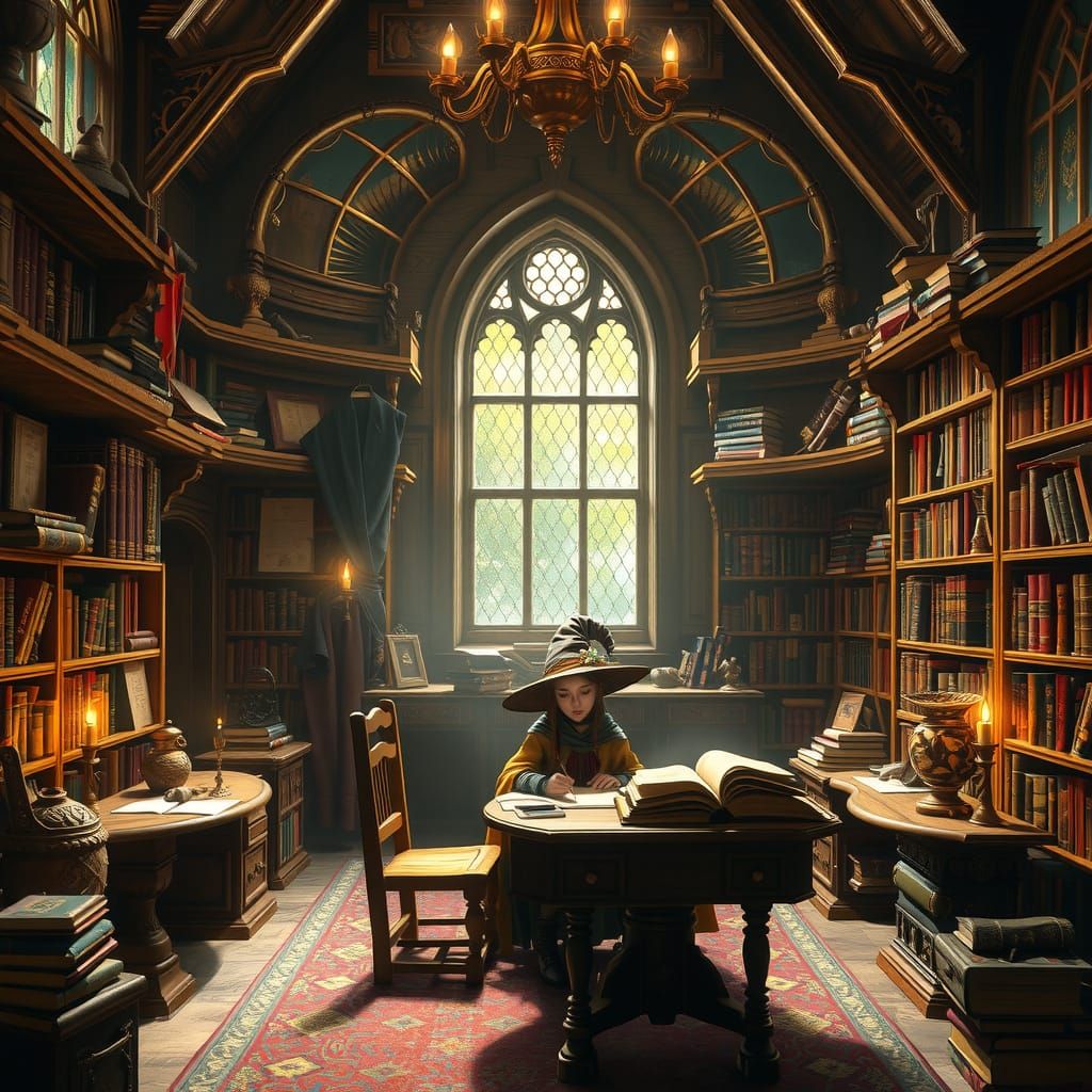 Mystical Library with Witch, Fantasy Illustration