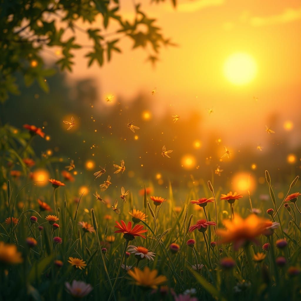 Whimsical Fireflies Dance Under Golden Sunset