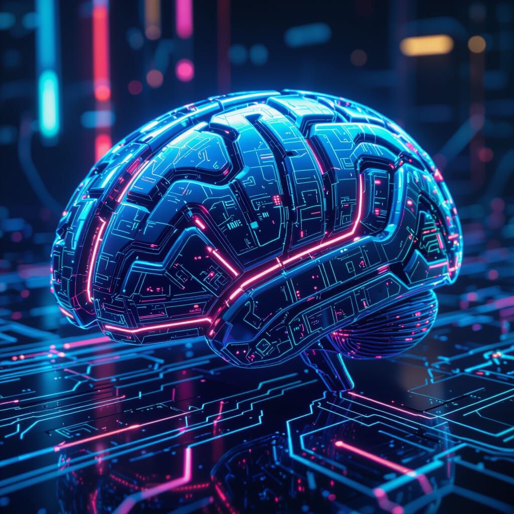 Futuristic AI Brain with Glowing Neural Networks in Cyberpun...
