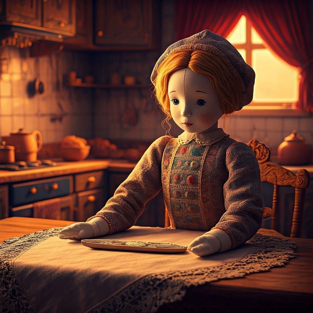 Surrealist Rag Doll Posing with Embroidered Tablecloth in Dr...