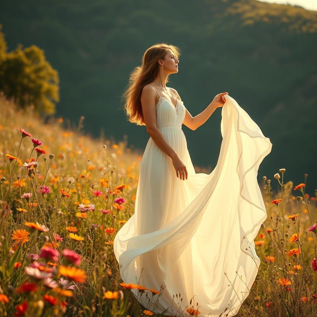 Woman in Flowing Dress in Art Nouveau Style