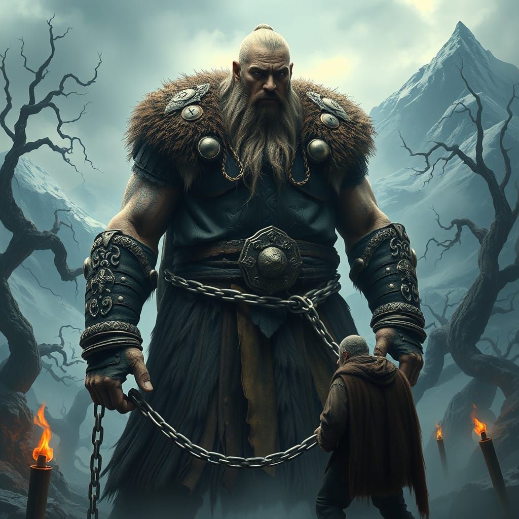 Majestic Viking Warrior Chained, Gazing Down at Uncertain Sa...