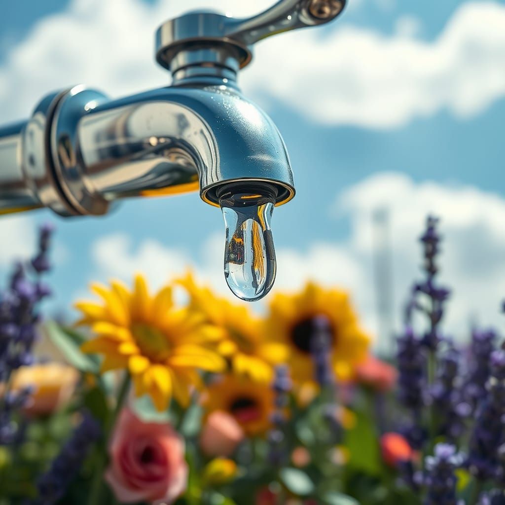 Hyperrealistic Water Droplet Reflecting Floral Landscape