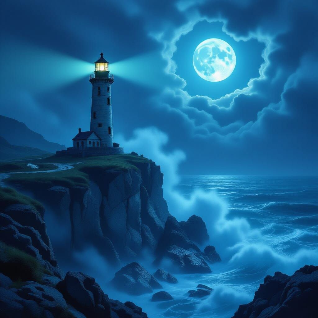 Ancient Lighthouse in Swirling Fog, Baroque Chiaroscuro Styl...