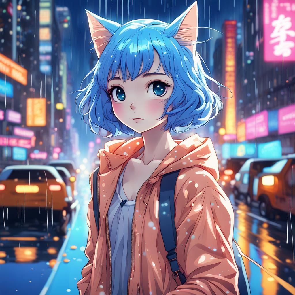 Anime Cat Girl Portrait in Neon Cityscape