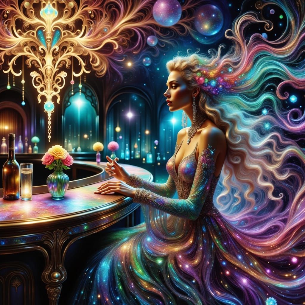 Ethereal Woman Sits Amidst Surreal Bar Scene in Vibrant Colo...
