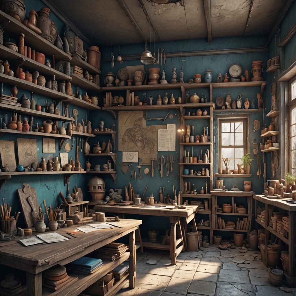 Detailed Sculptor's Studio: Fantasy Concept Art
