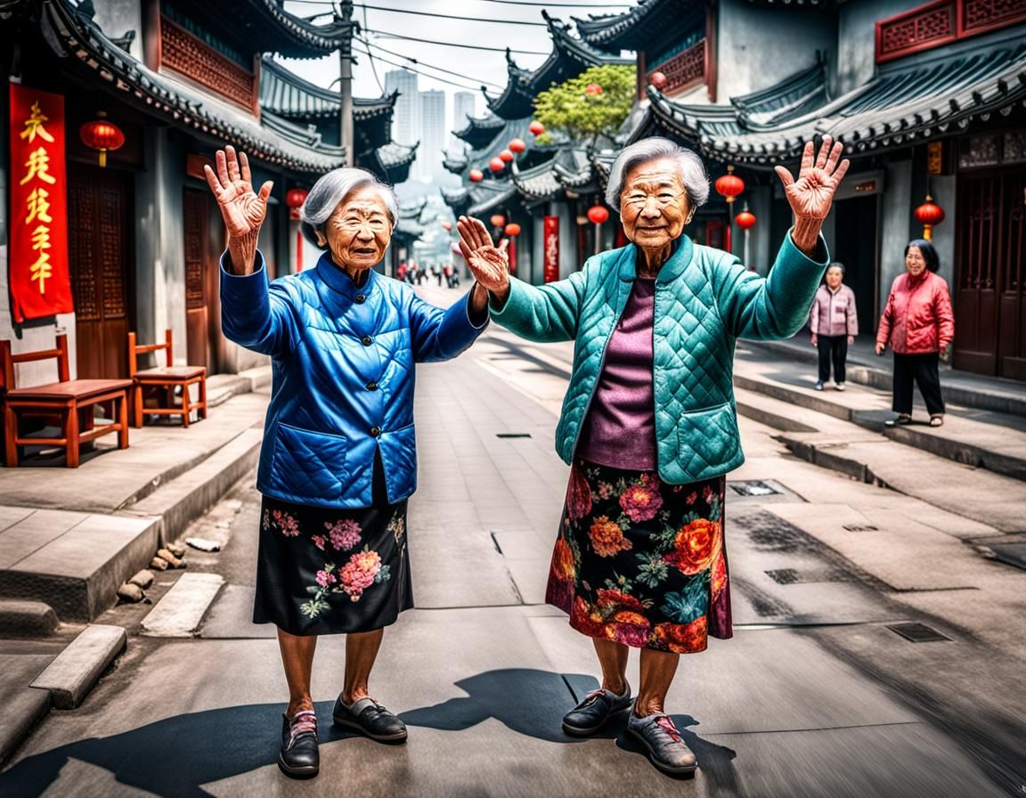 Two Chinese Grandmas Celebrate in Vibrant Street Scene