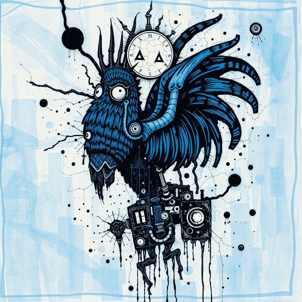 Blue Steampunk Rooster in Gonzo Style