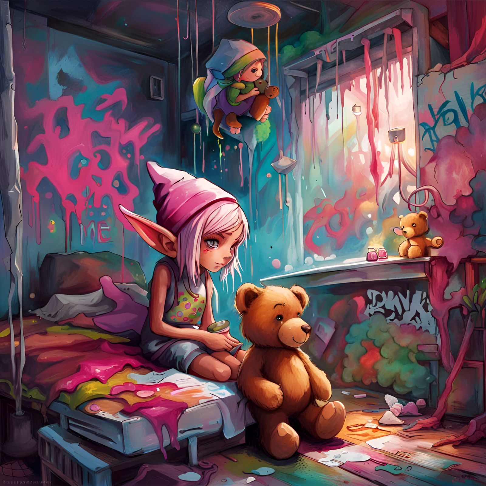 Fairy Elf in Graffiti Art Room With Teddy Bear